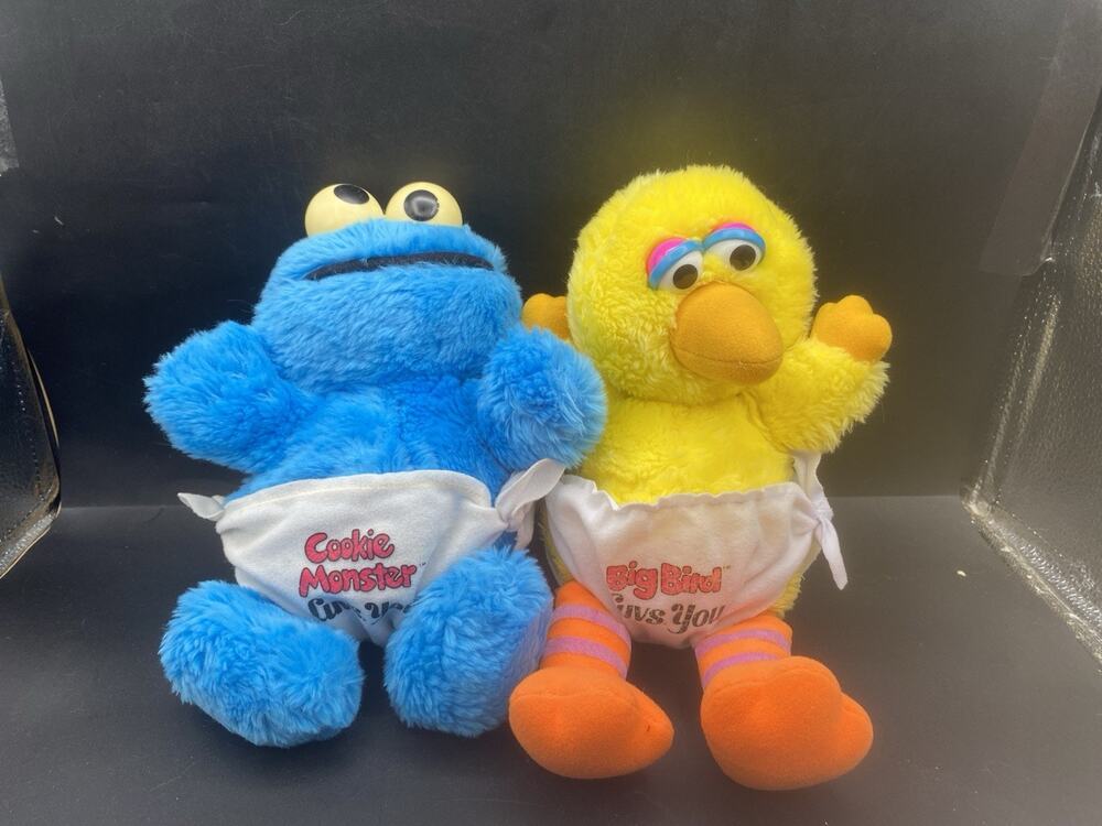 Hasbro Softies Vintage SESAME STREET Baby Big Bird & Cookie Monster Plush 1980s